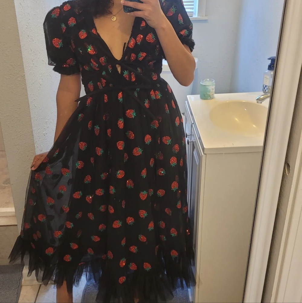 Lirika Matoshi Strawberry Midi Dress in Black